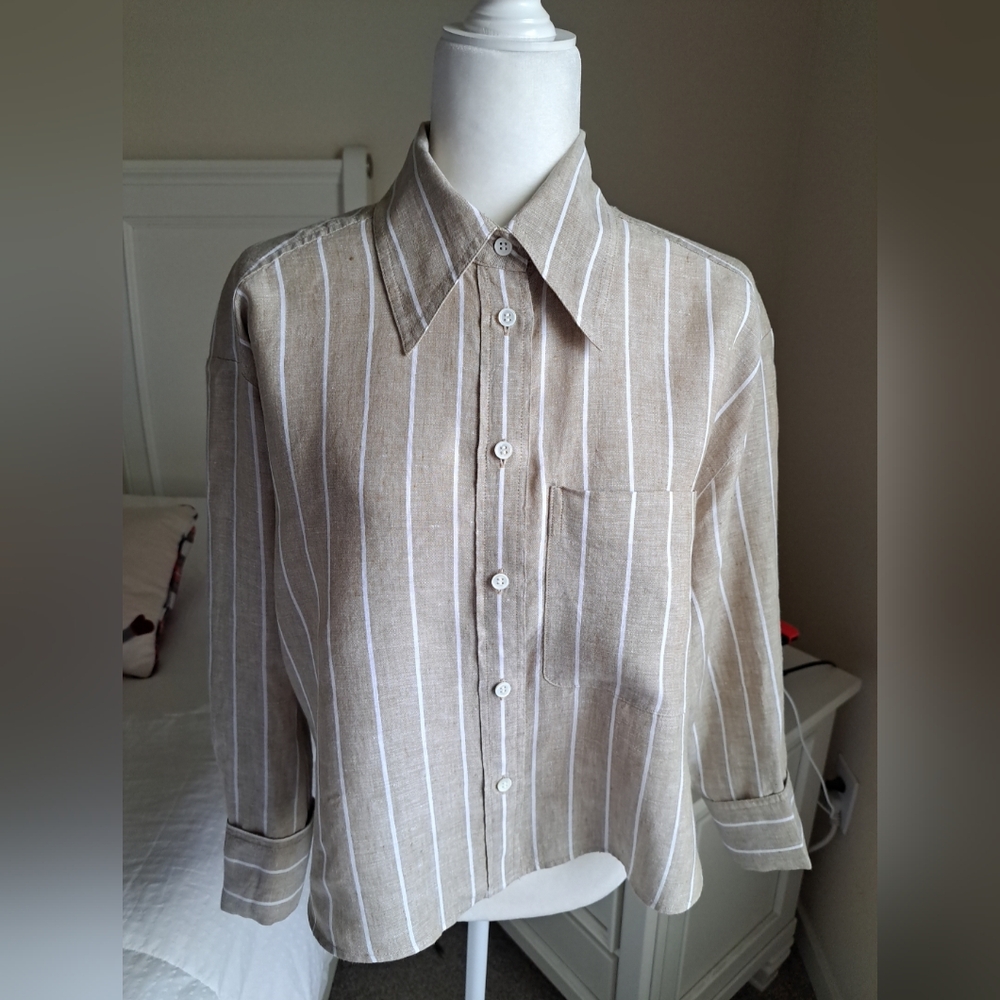 Banana Republic The Boxy Cropped Linen Shirt Skimmer Blouse Size S Tan Beige EUC